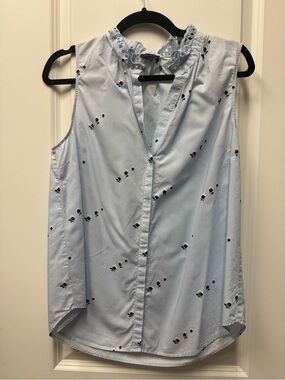 Ann Taylor Light Blue Sleeveless Eyelet Ruffle Blouse with Navy Floral Accents